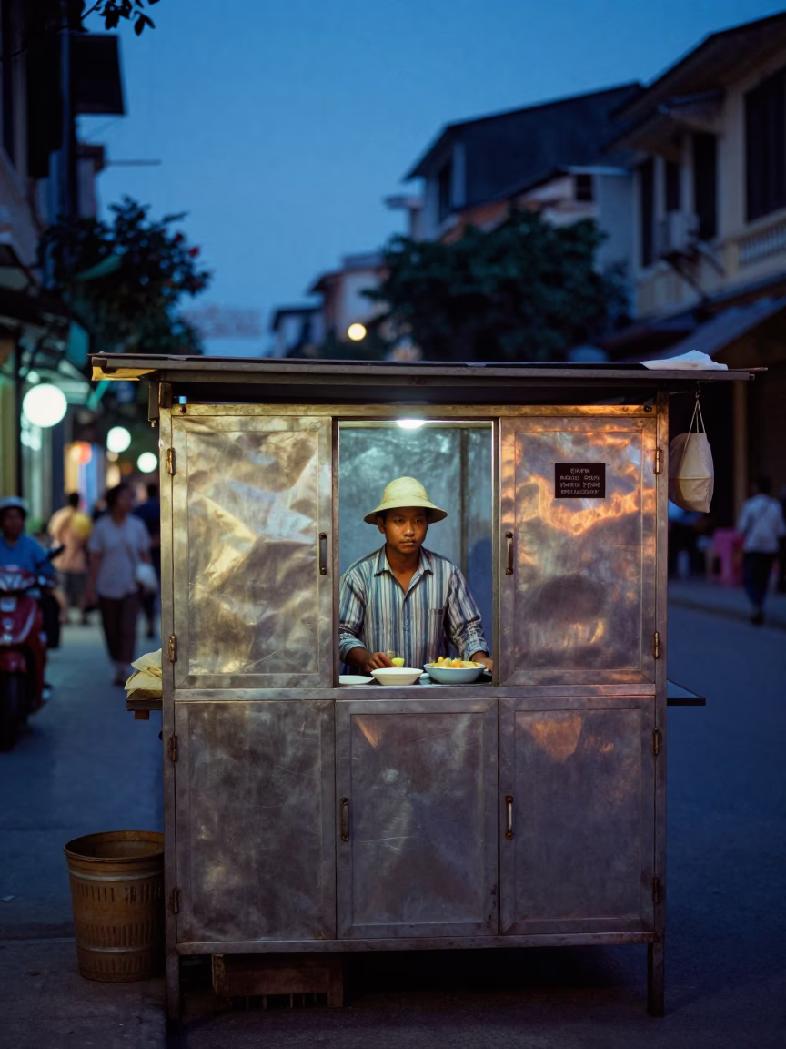 Hanoi Street Scene at Nautical Dawn Light in in Hanoi, Vietnam