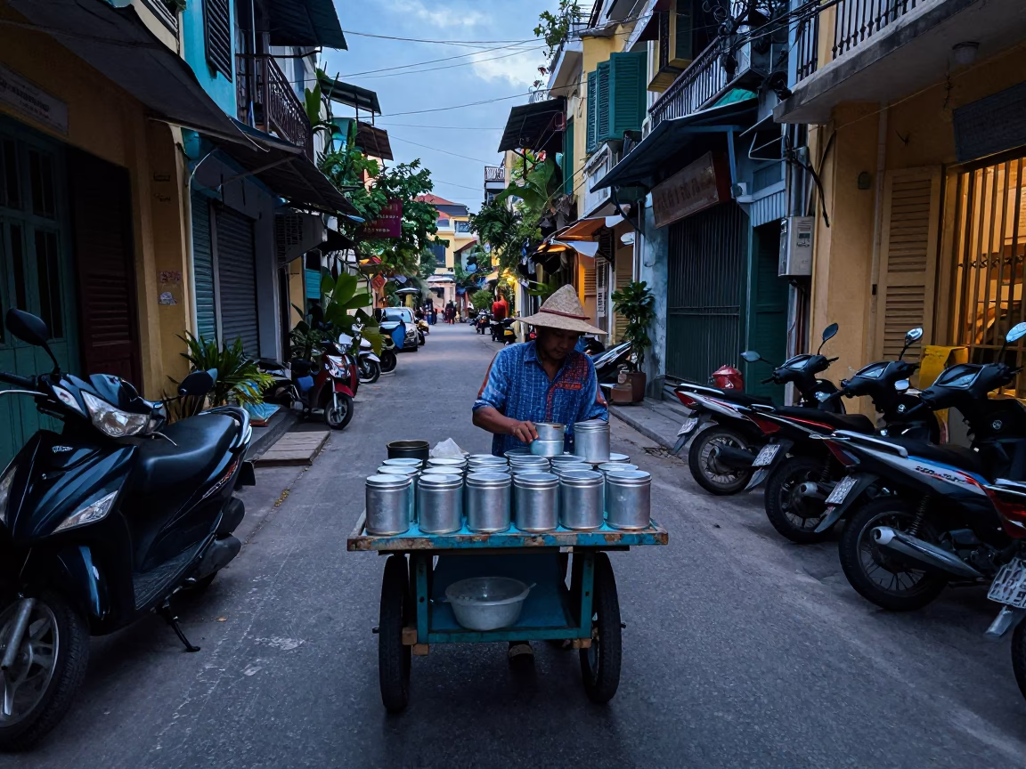 Hanoi Street Scene at Nautical Dawn Light in in Hanoi, Vietnam