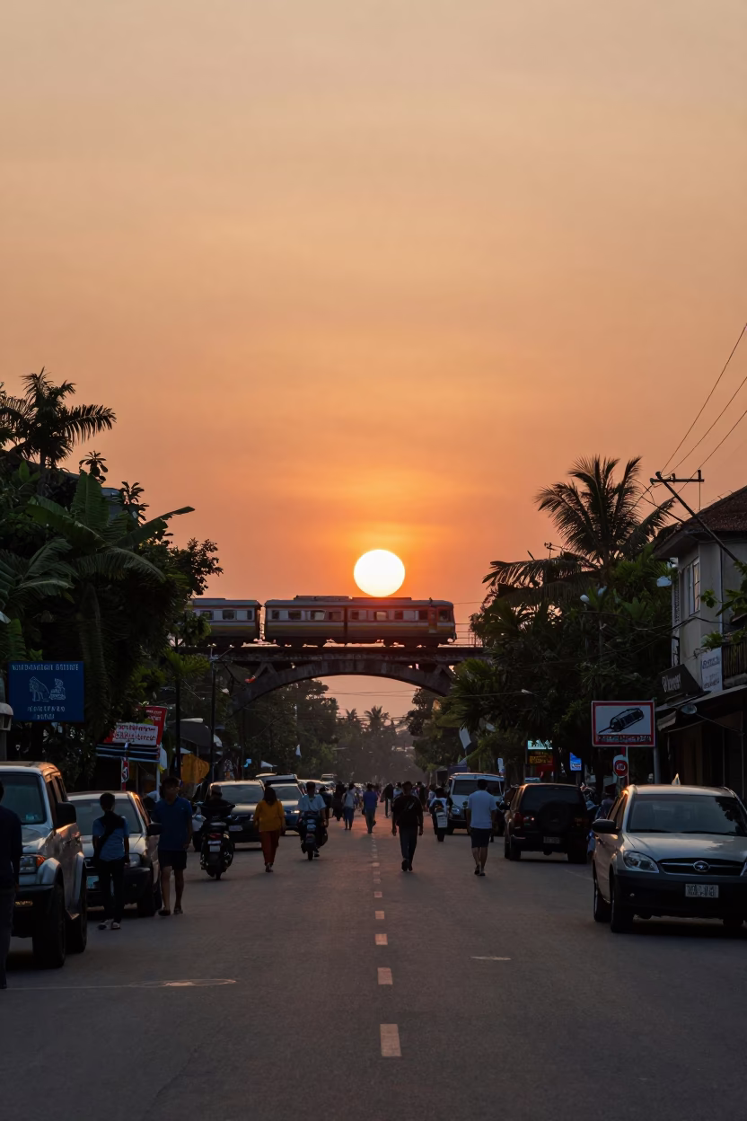 Hanoi Street Scene at Sunset with Train and Local Life in in Hanoi, Vietnam