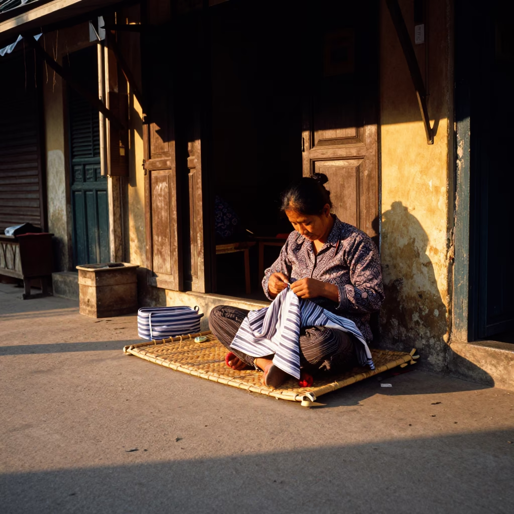 Hanoi street scene with seamstress and striped fabric during golden hour in in Hanoi, Vietnam