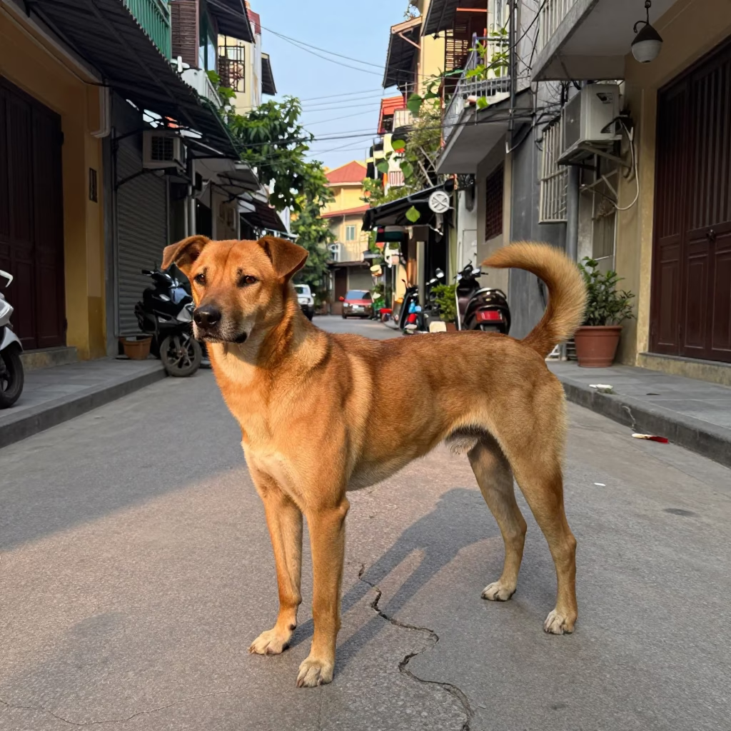 Hanoi Street Scene with Thai Ridgeback Dog in Late Afternoon Light in in Hanoi, Vietnam