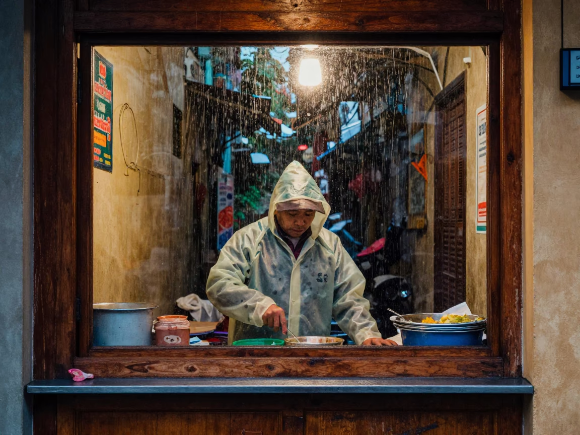 Hanoi Street Vendor Amidst Light Rain Dusk with Wooden Utensil Crocks in in Hanoi, Vietnam