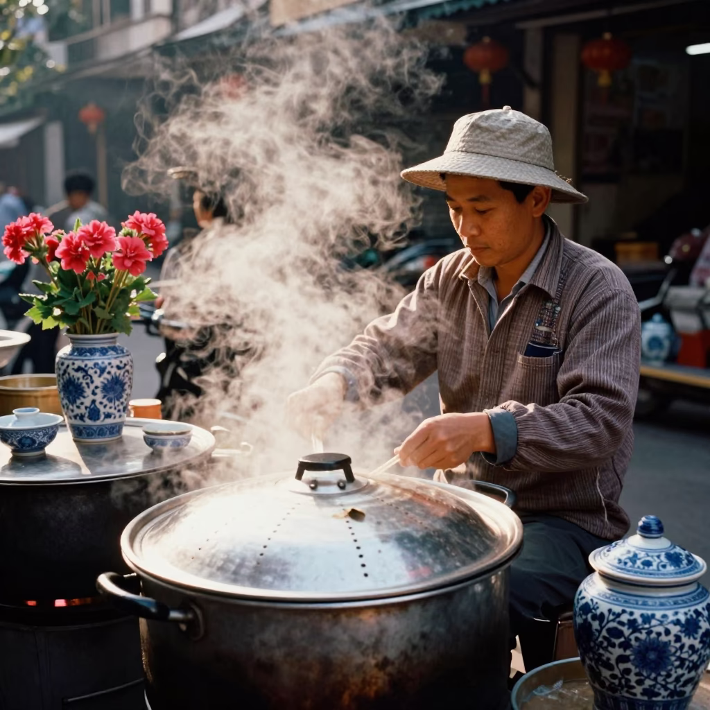 Hanoi Street Vendor Cooking with Blue Porcelain and Geraniums in in Hanoi, Vietnam