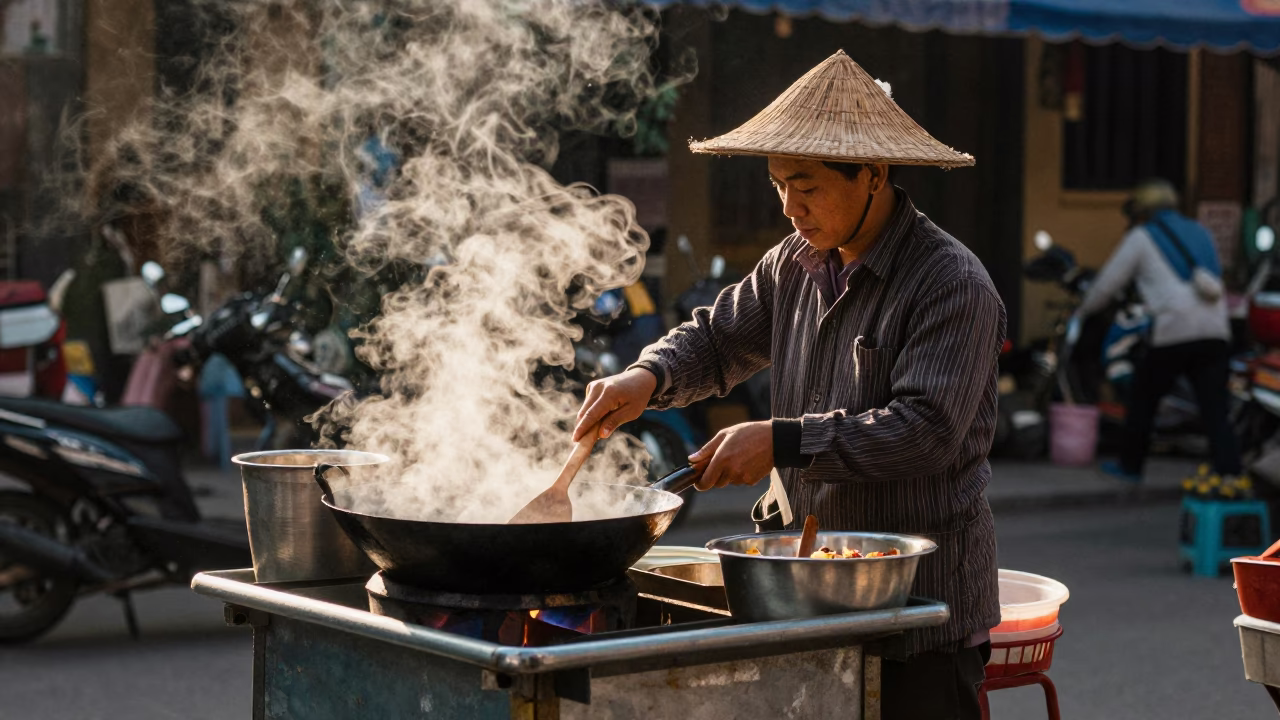 Hanoi Street Vendor Cooking with Wok in Clear Late Afternoon Light in in Hanoi, Vietnam