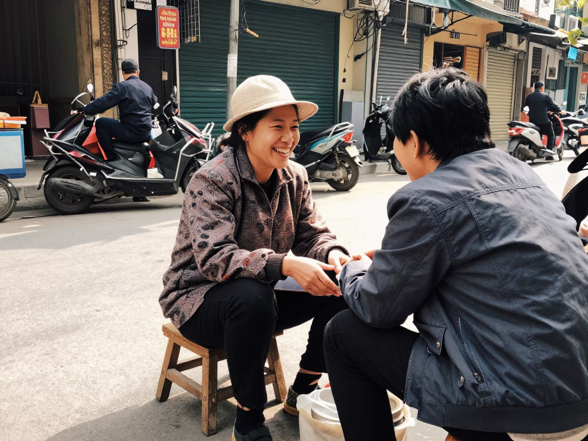 Hanoi street vendor midday laughter with wooden stool and metal bowl in in Hanoi, Vietnam