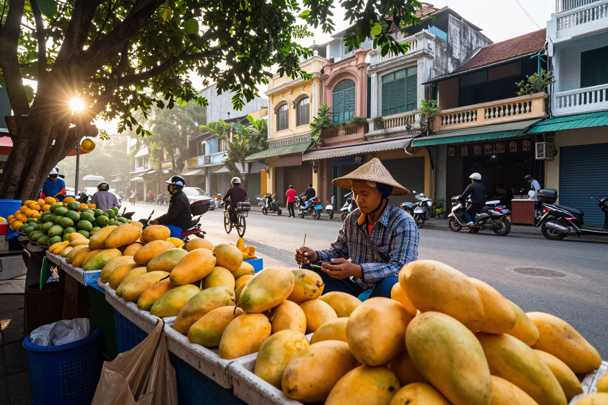 Hanoi Street Vendor Morning Market Scene with Mangoes and Fruit Stall in in Hanoi, Vietnam