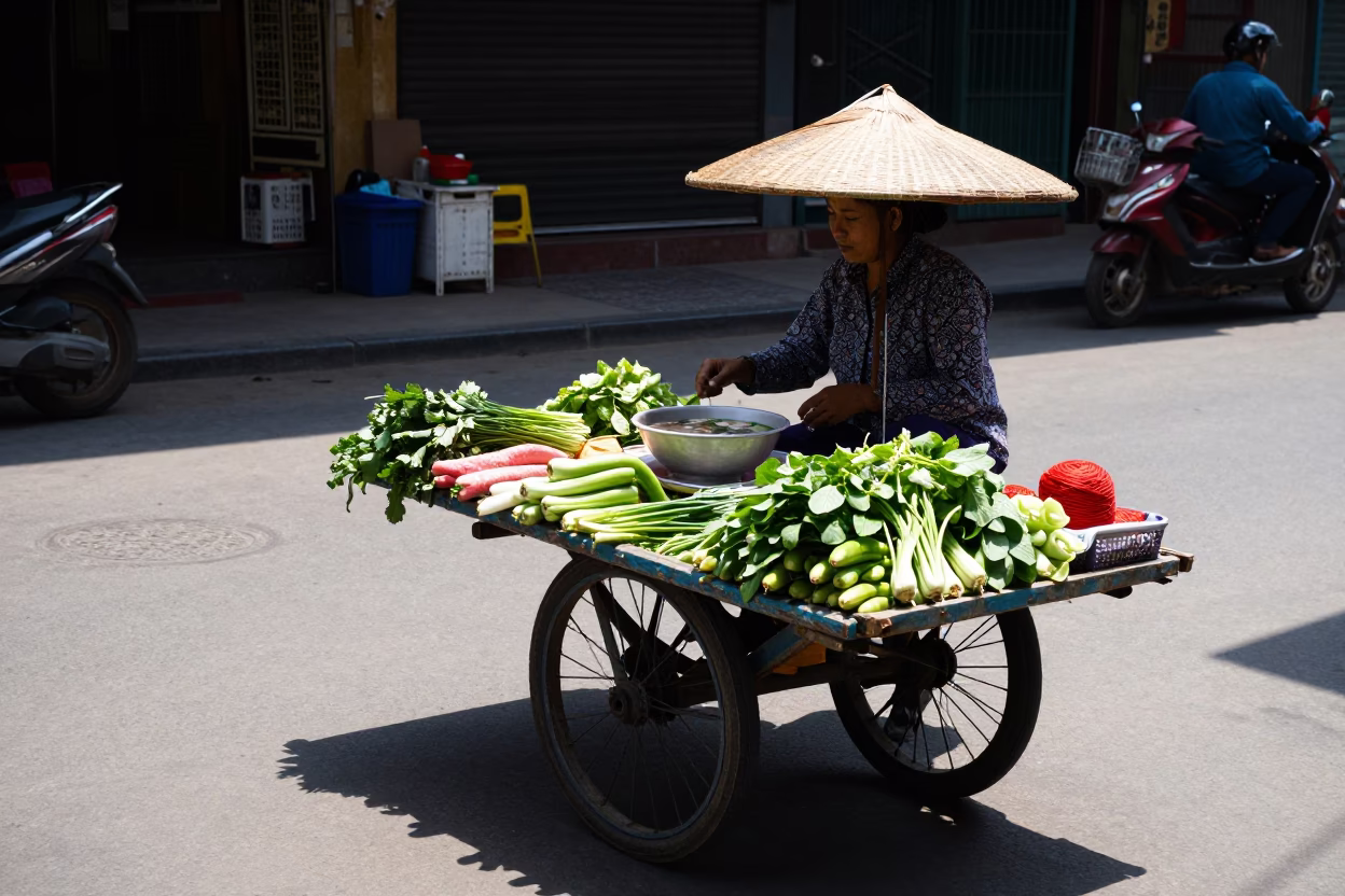 Hanoi Street Vendor Noon Light Yarn Basket Shadow Traditional Vietnamese Market Scene in in Hanoi, Vietnam