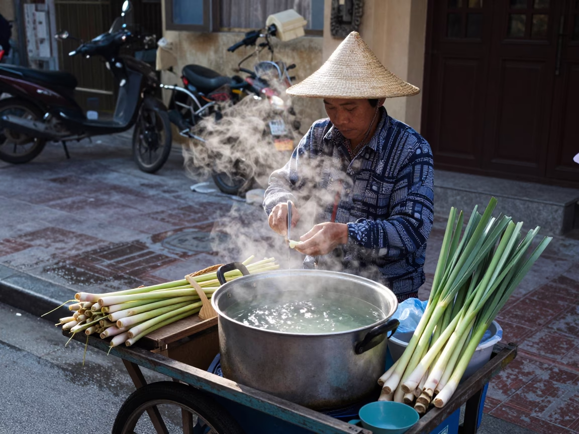 Hanoi Street Vendor Preparing Lemongrass Tea in Cool Early Morning Light in in Hanoi, Vietnam