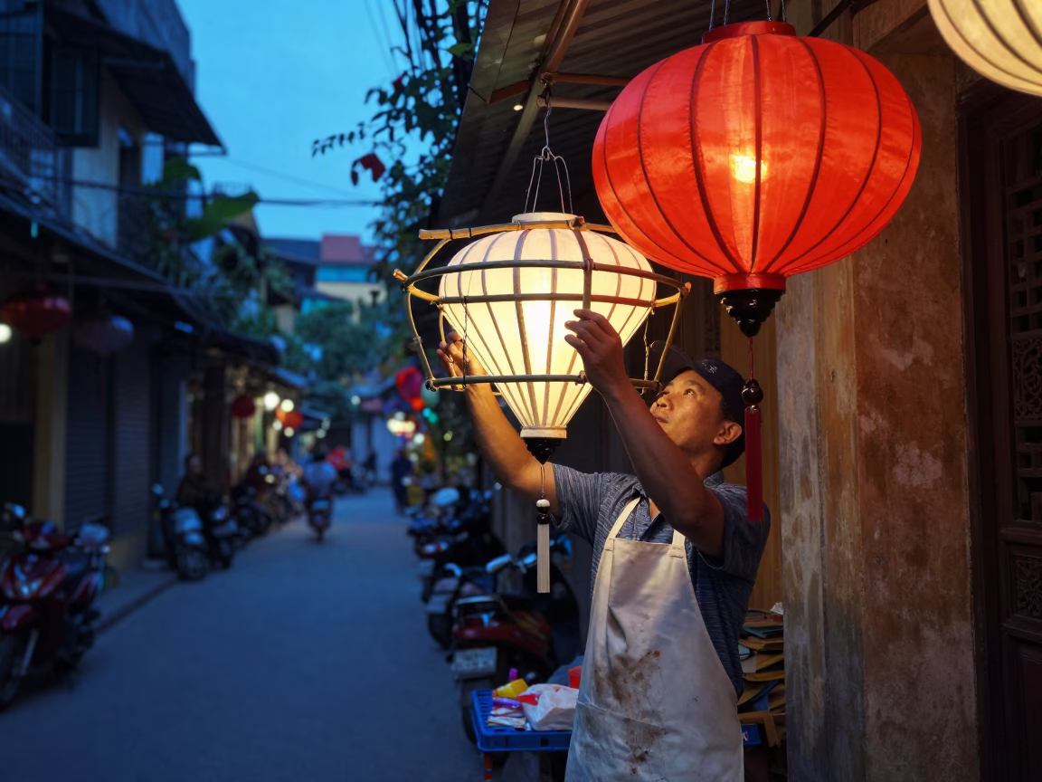 Hanoi street vendor selling paper lanterns during blue hour twilight in in Hanoi, Vietnam