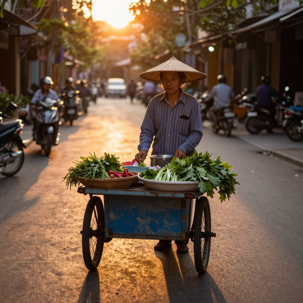 Hanoi street vendor sunset light on ceramic bowl and metal hinge in in Hanoi, Vietnam