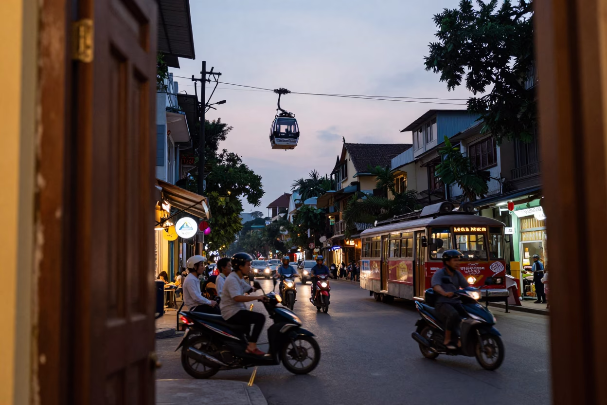 Hanoi Twilight Street Scene with Doorframe and Cable Car View in in Hanoi, Vietnam