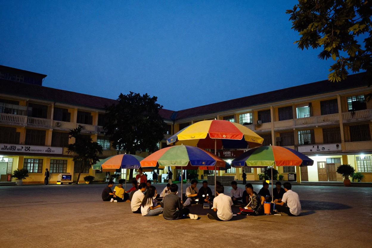 Hanoi University Courtyard at Indigo Twilight with Students and Umbrellas in in Hanoi, Vietnam