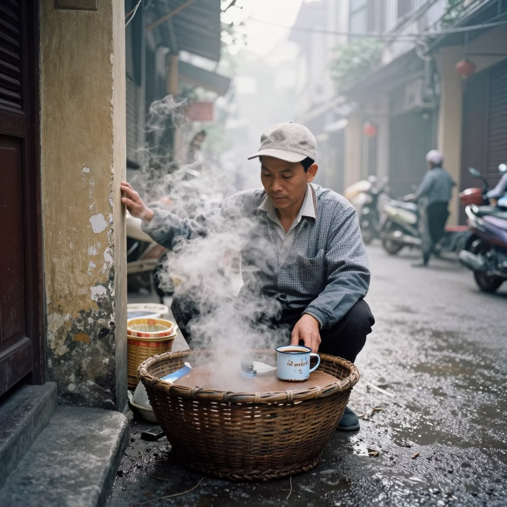 Hanoi Vendor at Dawn Light in in Hanoi, Vietnam