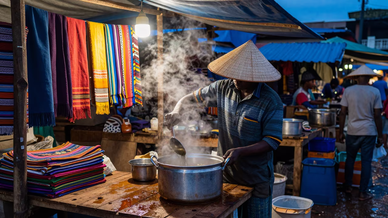 Hanoi Vendor Ladling Pho at Mombasa Market in at a textile trader's stall in Mombasa