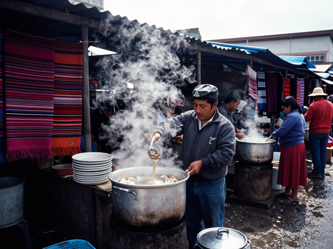 Hanoi Vendor Ladling Steaming Pho Broth in at a textile trader's stall in Chimbote