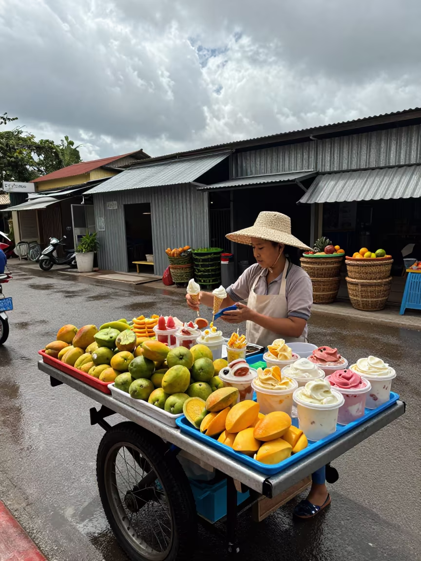 Hanoi Vendor Scoops Gelato at Fruit Stand in at a roadside fruit stand in Hanoi
