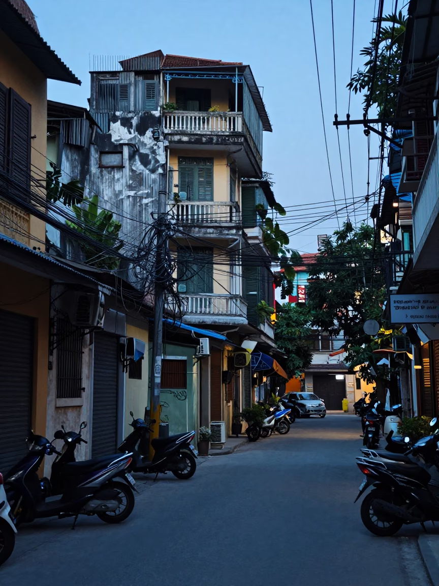 Hanoi Vietnam Before Dawn Street Scene with Old Apartment Building and Motorbikes in in Hanoi, Vietnam