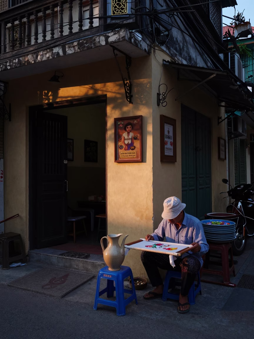Hanoi Vietnam Before Dawn Street Scene With Pitcher and Embroidery Hoop in in Hanoi, Vietnam