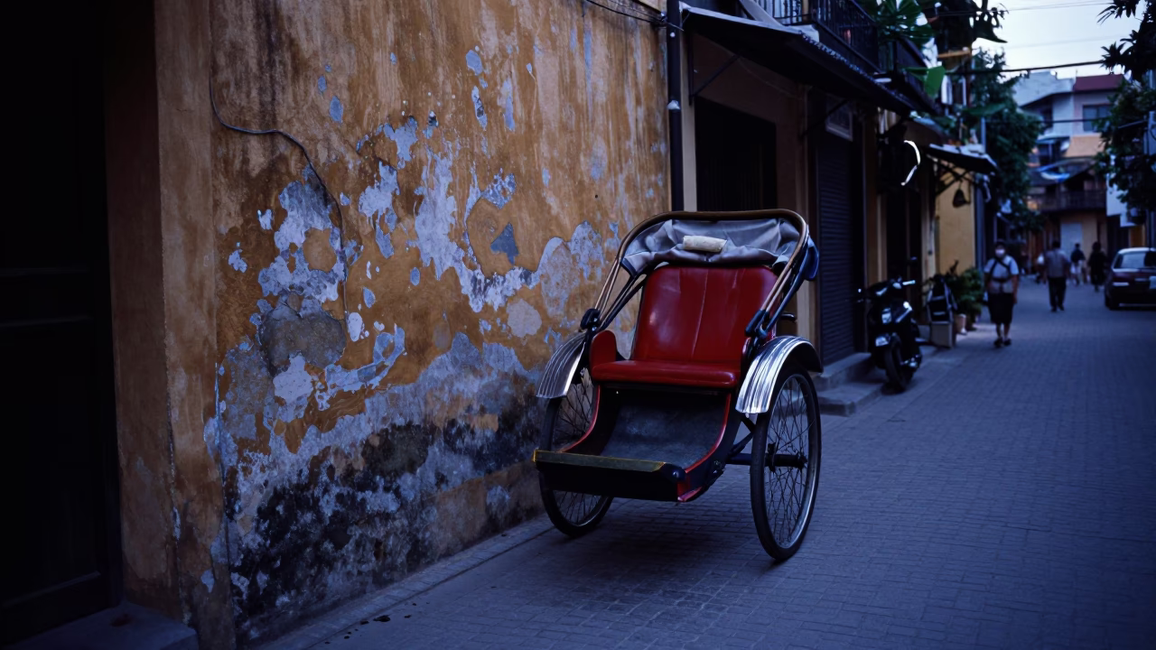 Hanoi Vietnam Before Dawn Street Scene with Rickshaw and Cobblestone Alley in in Hanoi, Vietnam