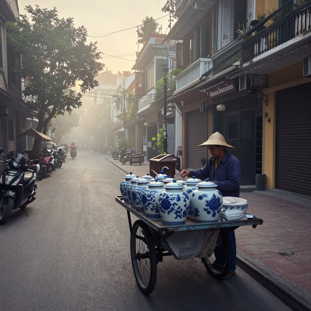 Hanoi Vietnam Before Sunrise Street Scene with Blue Porcelain Jar and Oranges in in Hanoi, Vietnam