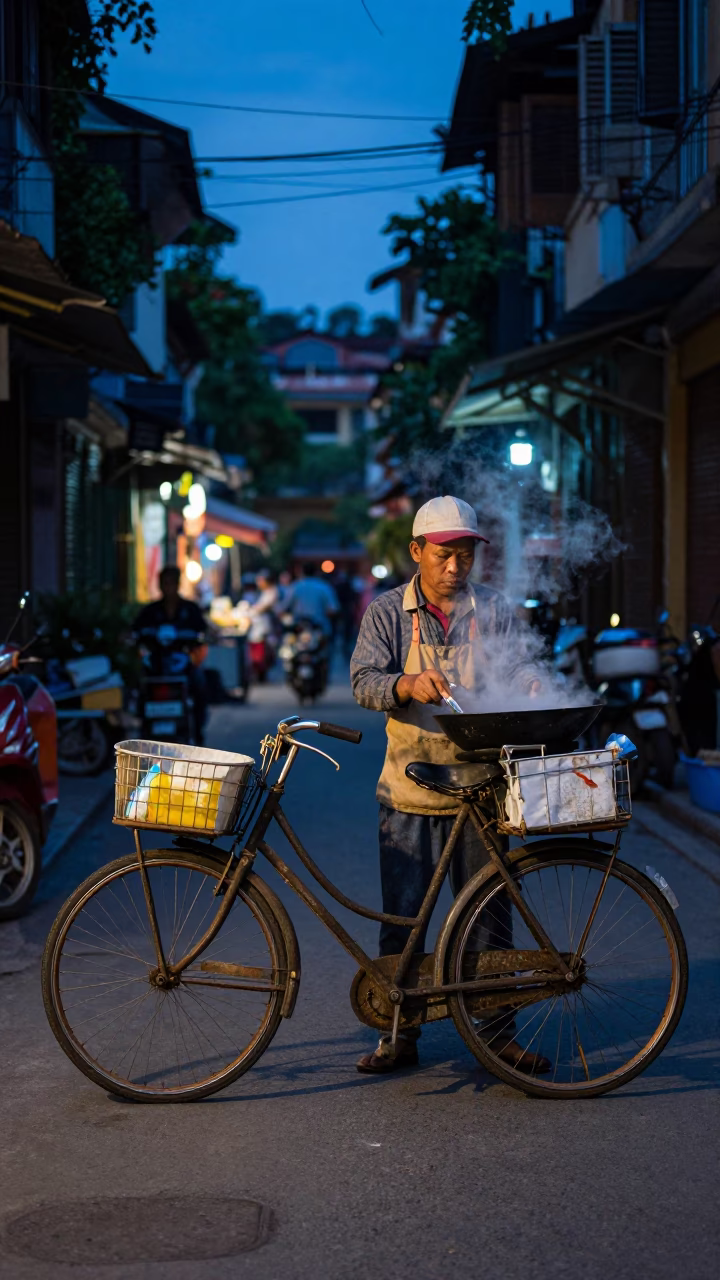 Hanoi Vietnam Blue Hour Street Scene Vintage Bicycle and Street Food Vendor in in Hanoi, Vietnam