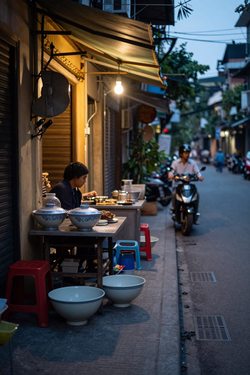 Hanoi Vietnam Blue Hour Street Scene with Ceramic Bowl and Condensation in in Hanoi, Vietnam