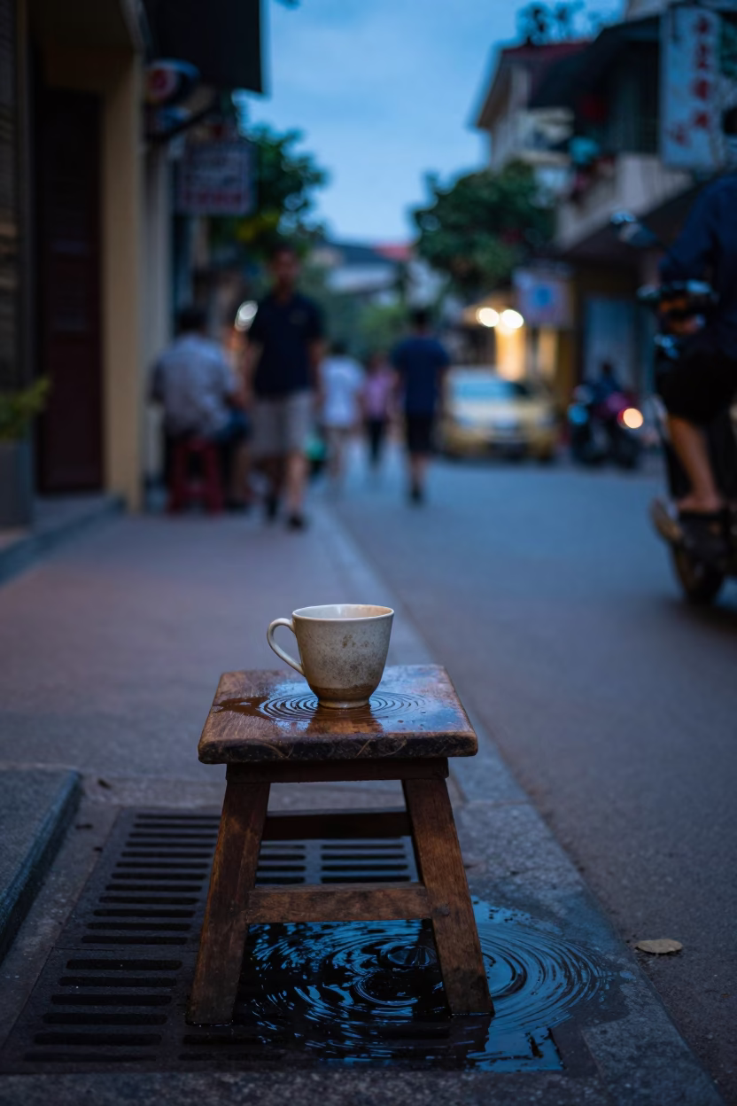 Hanoi Vietnam Blue Hour Street Scene with Ceramic Cup and Water Rings in in Hanoi, Vietnam