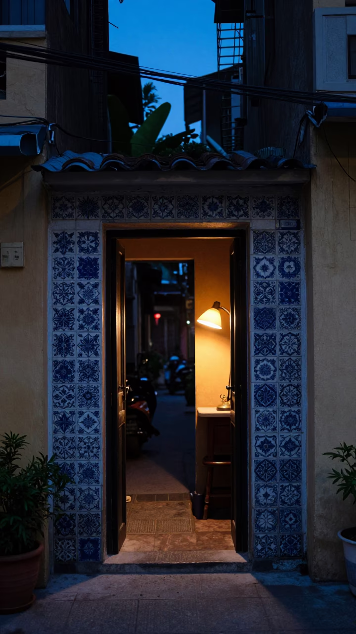 Hanoi Vietnam Blue Hour Street Scene with Ceramic Tiles and Desk Lamp in in Hanoi, Vietnam