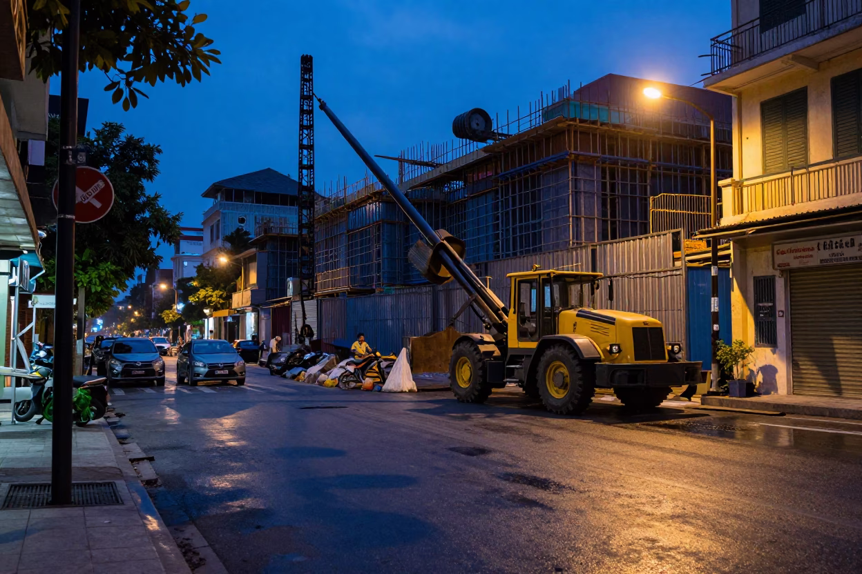 Hanoi Vietnam Blue Hour Street Scene with Construction Pile Driver and Urban Life in in Hanoi, Vietnam