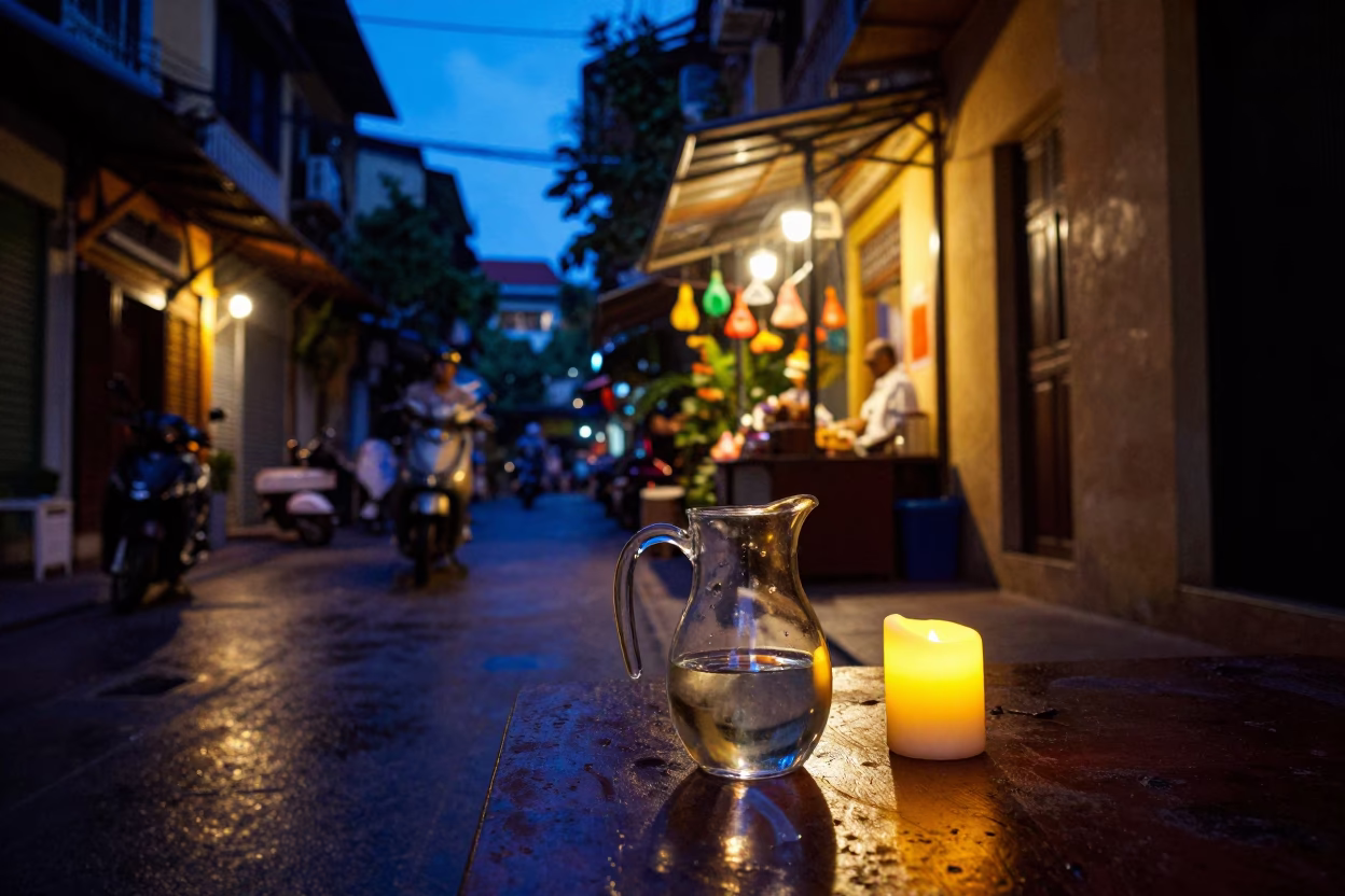 Hanoi Vietnam Blue Hour Street Scene with Glass Pitcher and Taper Candle in in Hanoi, Vietnam