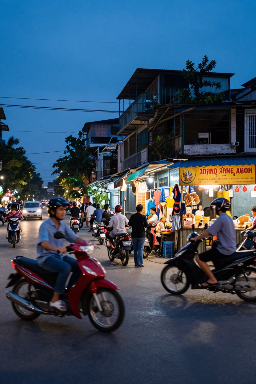 Hanoi Vietnam Blue Hour Street Scene with Motorbikes and Local Shop Interaction in in Hanoi, Vietnam