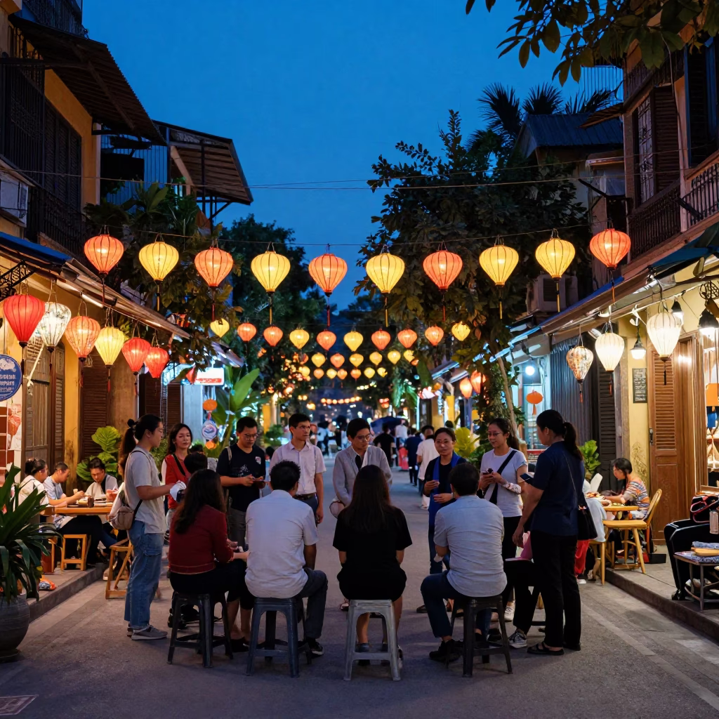Hanoi Vietnam Blue Hour Street Scene with Paper Lanterns and Local Life in in Hanoi, Vietnam