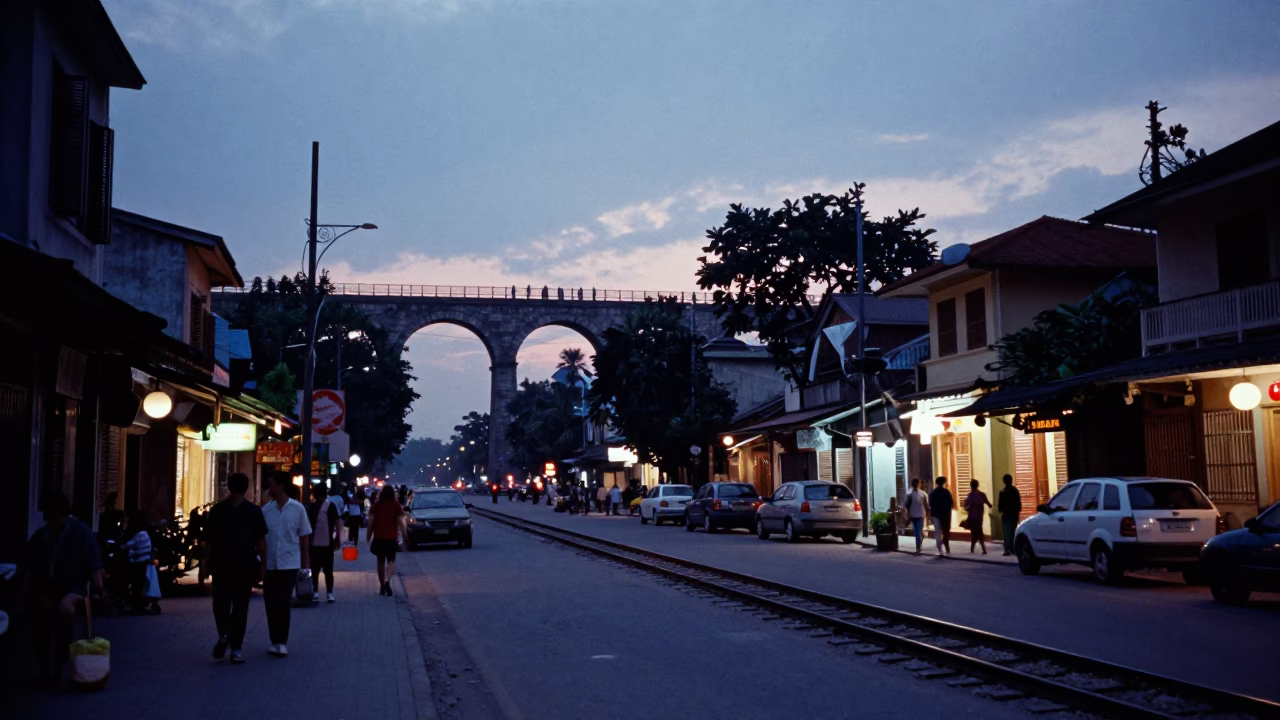 Hanoi Vietnam Blue Hour Street Scene with Railway Viaduct and Local Street Food in in Hanoi, Vietnam