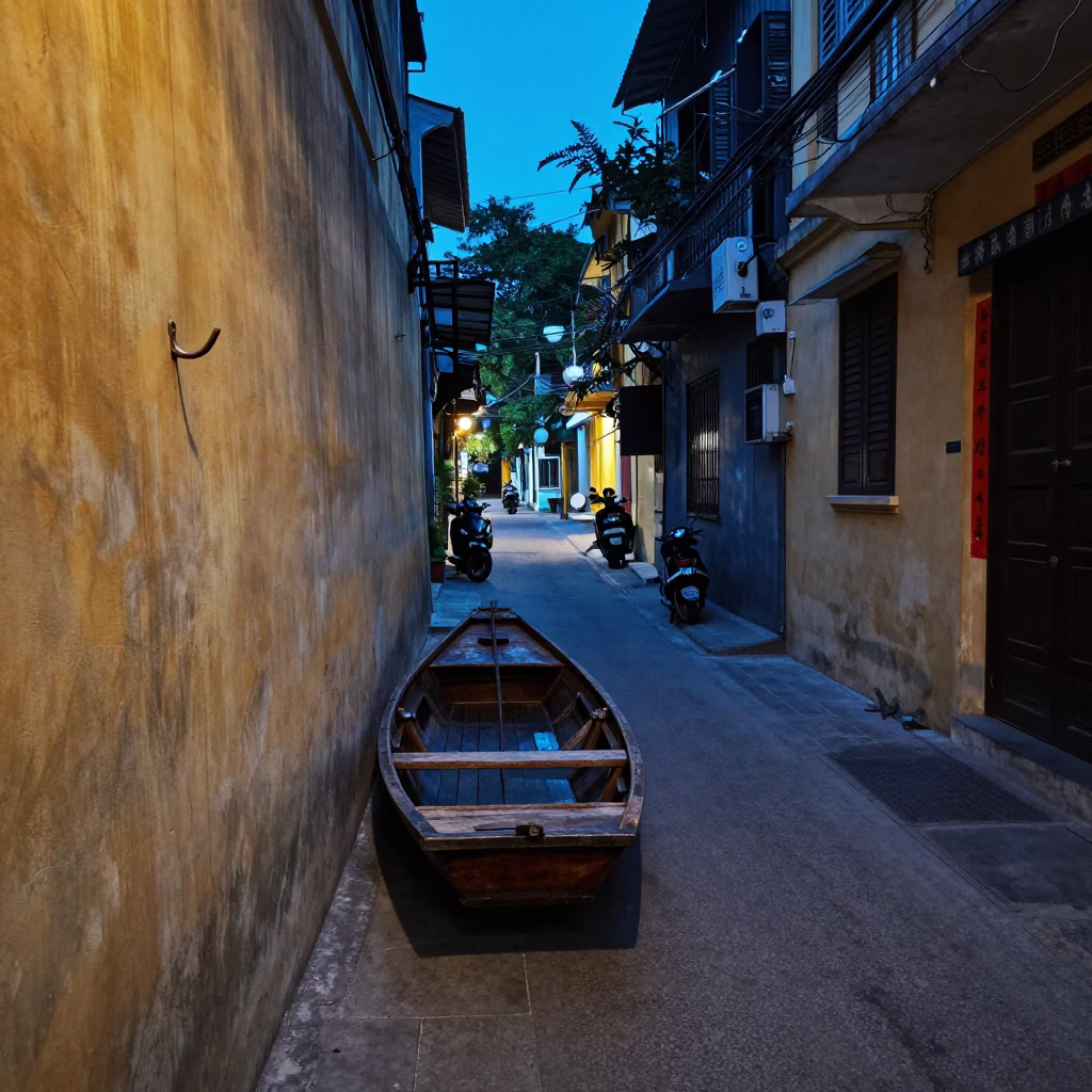 Hanoi Vietnam Blue Hour Street Scene with Rowboat and Wall Hook in in Hanoi, Vietnam