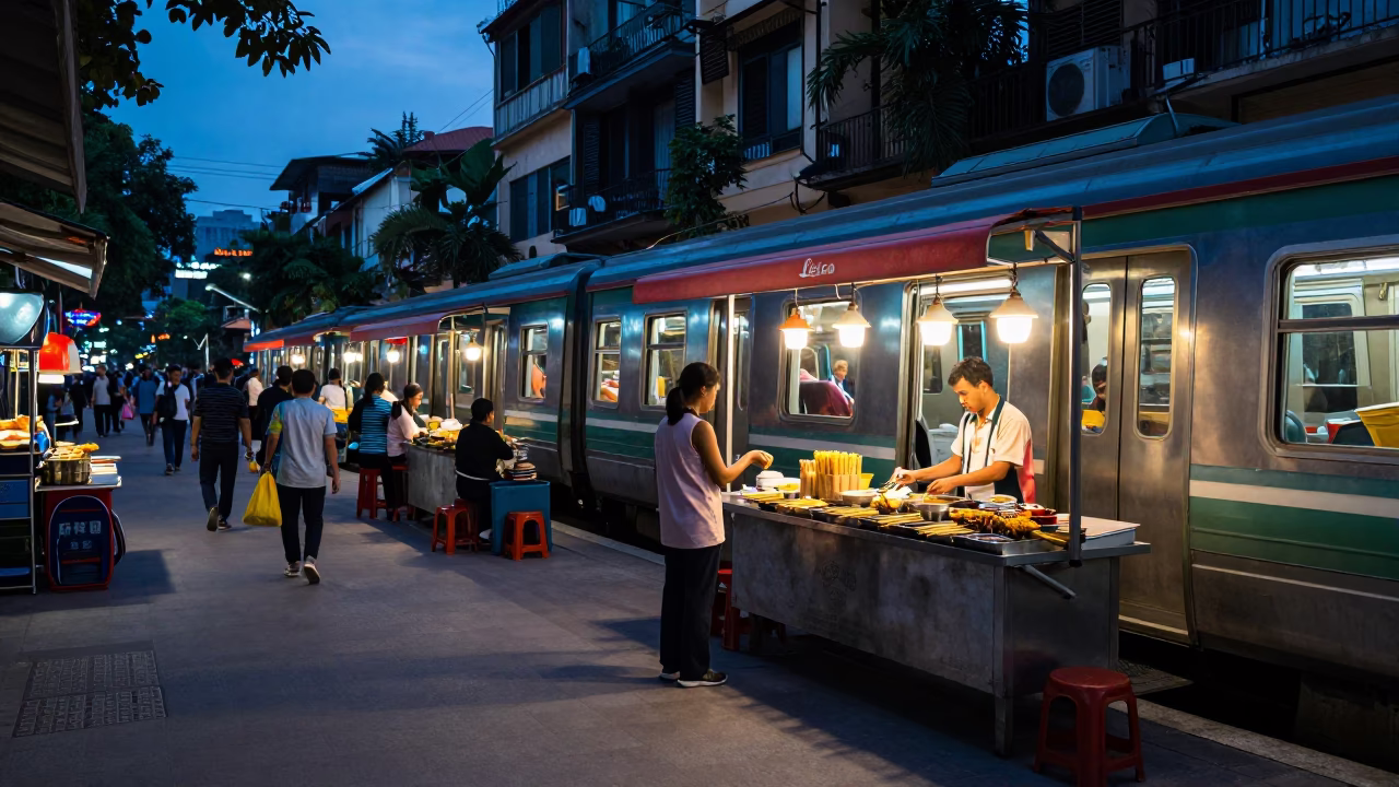 Hanoi Vietnam Blue Hour Street Scene with Satay Skewers and Metro Train in in Hanoi, Vietnam