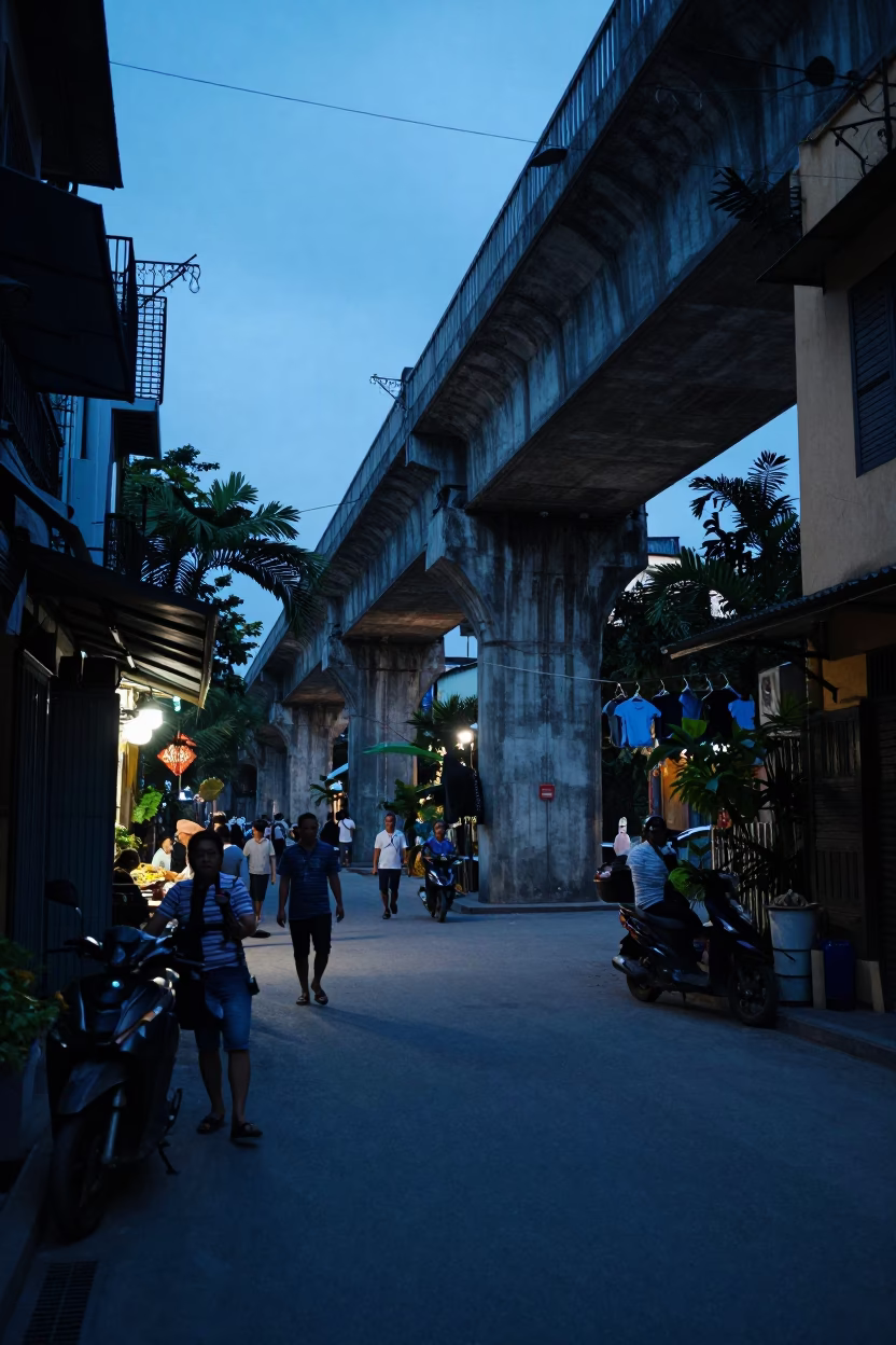 Hanoi Vietnam Blue Hour Street Scene with Shirt Hanger and Concrete Viaduct in in Hanoi, Vietnam