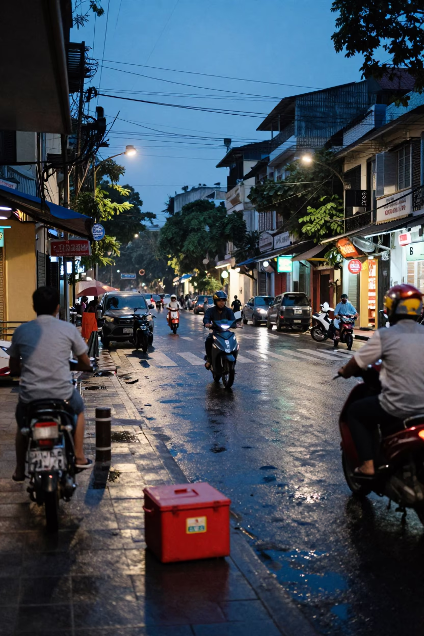 Hanoi Vietnam Blue Hour Street Scene with Soap Case and Urban Life in in Hanoi, Vietnam