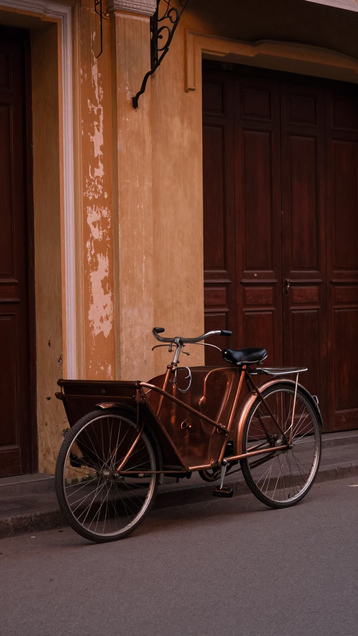 Hanoi Vietnam Copper Dusk Street Scene with Vintage Bicycle and Ceramic Pitcher in in Hanoi, Vietnam