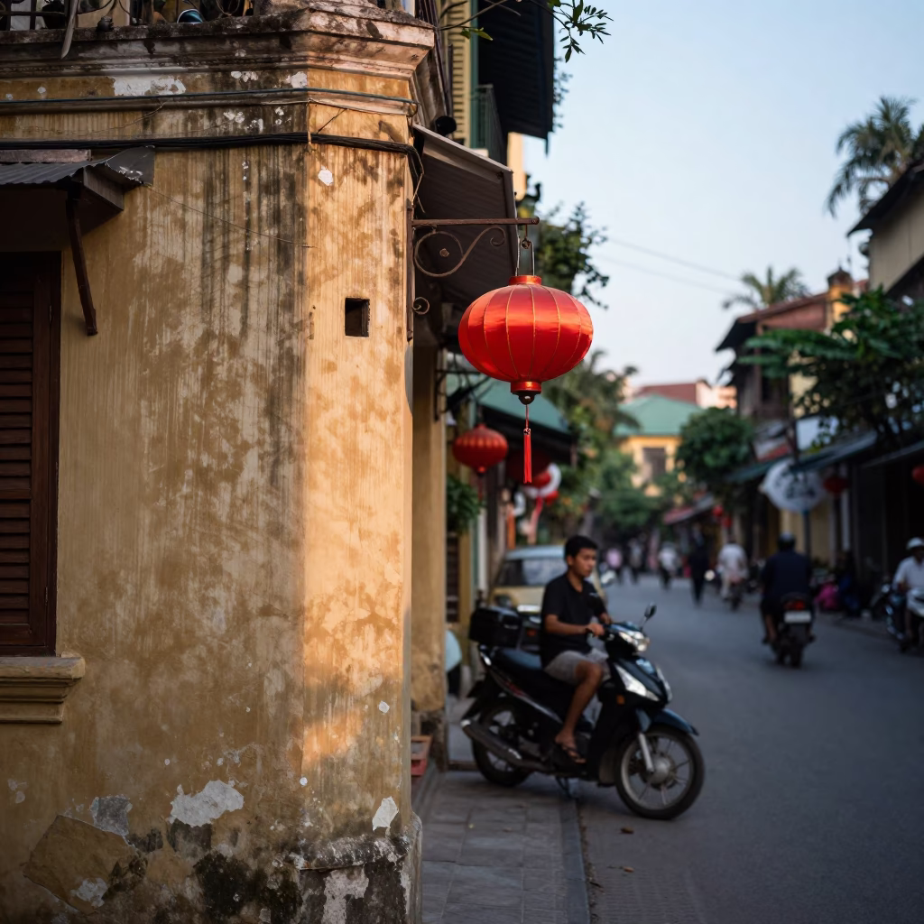 Hanoi Vietnam Dawn Street Scene with Lantern and Motorcycle at First Light in in Hanoi, Vietnam