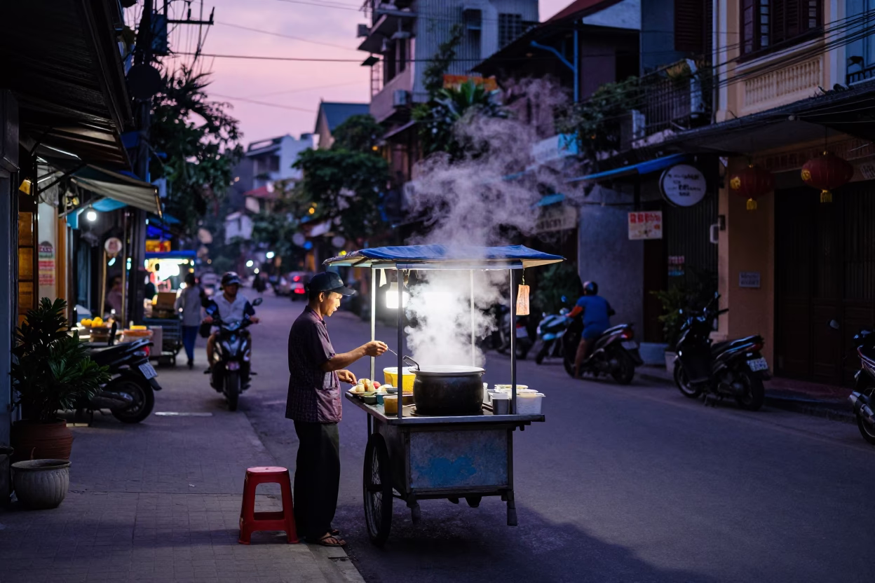 Hanoi Vietnam Dawn Street Scene with Street Food Vendor and Traffic in in Hanoi, Vietnam