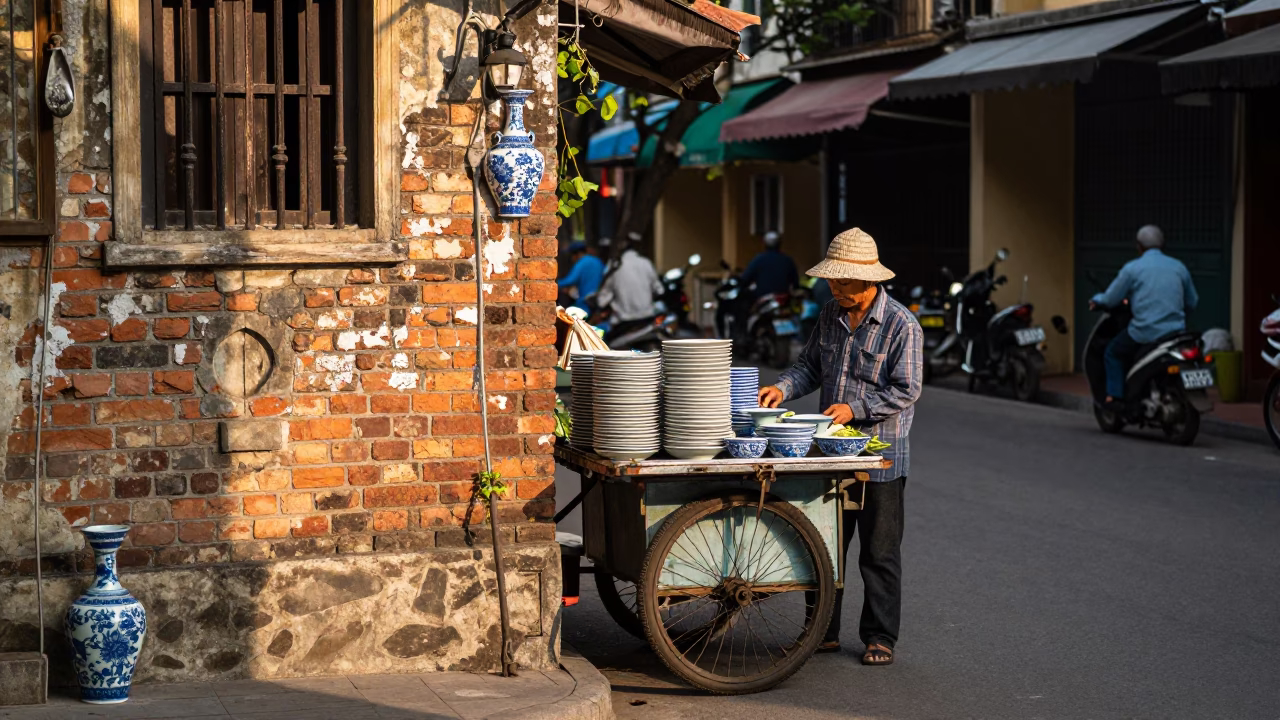 Hanoi Vietnam Early Afternoon Street Scene with Blue White Porcelain Plate in in Hanoi, Vietnam