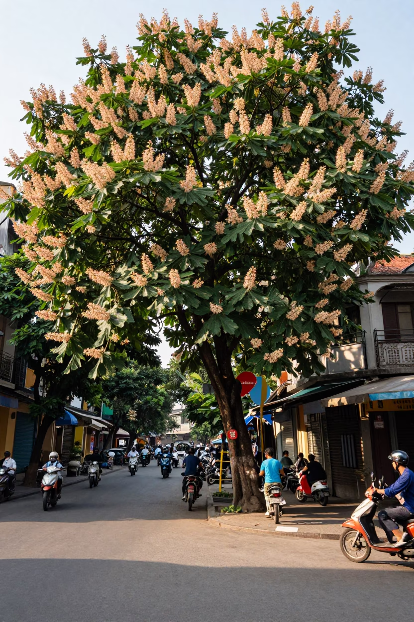 Hanoi Vietnam Early Afternoon Street Scene with Chestnut Tree and Local Commerce in in Hanoi, Vietnam