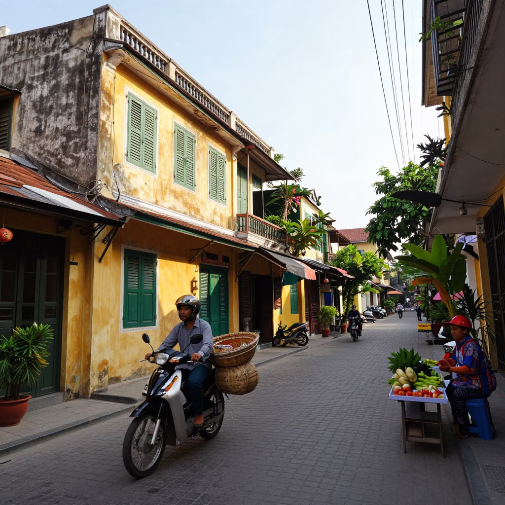 Hanoi Vietnam Early Afternoon Street Scene with Traditional Architecture and Local Life in in Hanoi, Vietnam