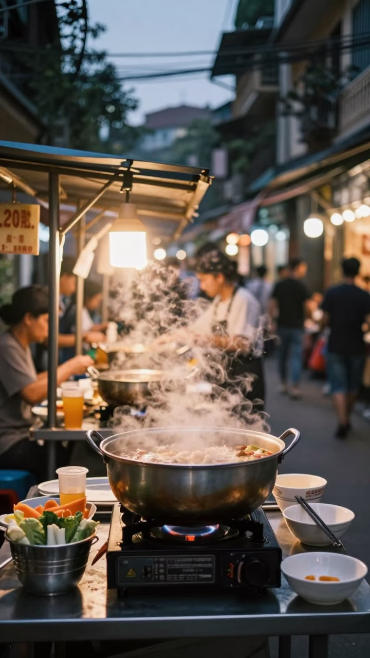 Hanoi Vietnam Early Evening Street Food Stall Steaming Hotpot and Plastic Bottles in in Hanoi, Vietnam