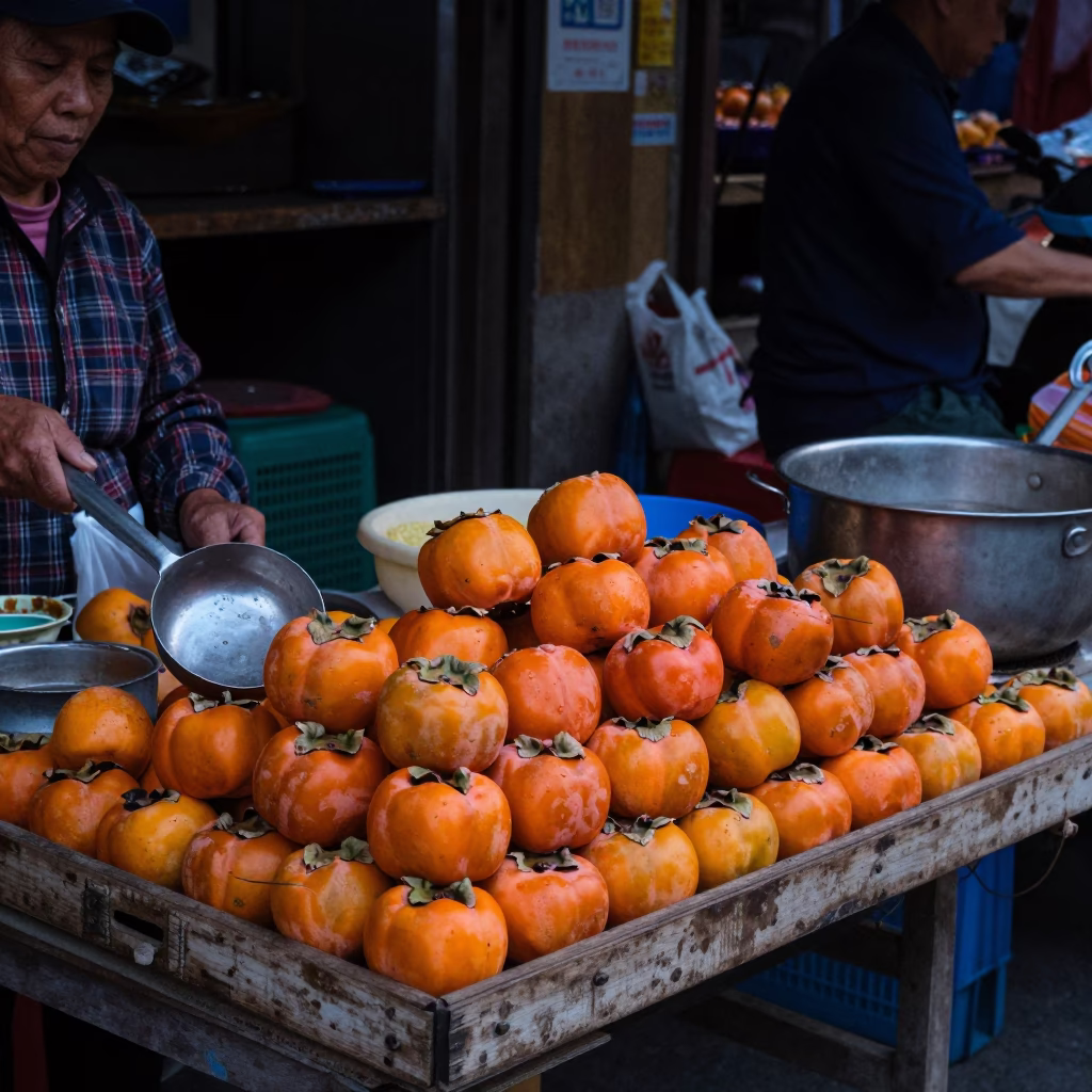 Hanoi Vietnam Early Evening Street Market Persimmons and Ladle in in Hanoi, Vietnam