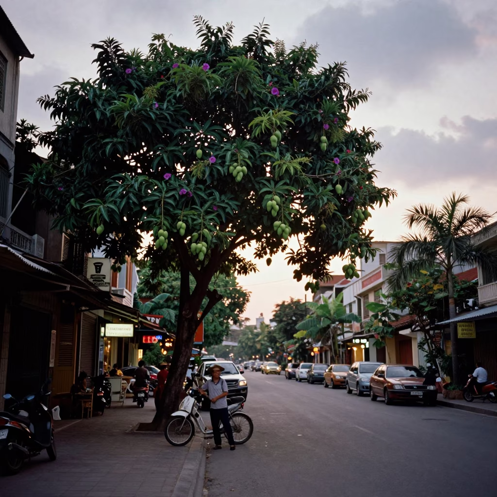 Hanoi Vietnam Early Evening Street Scene with Mango Tree and Morning Glory Sky in in Hanoi, Vietnam