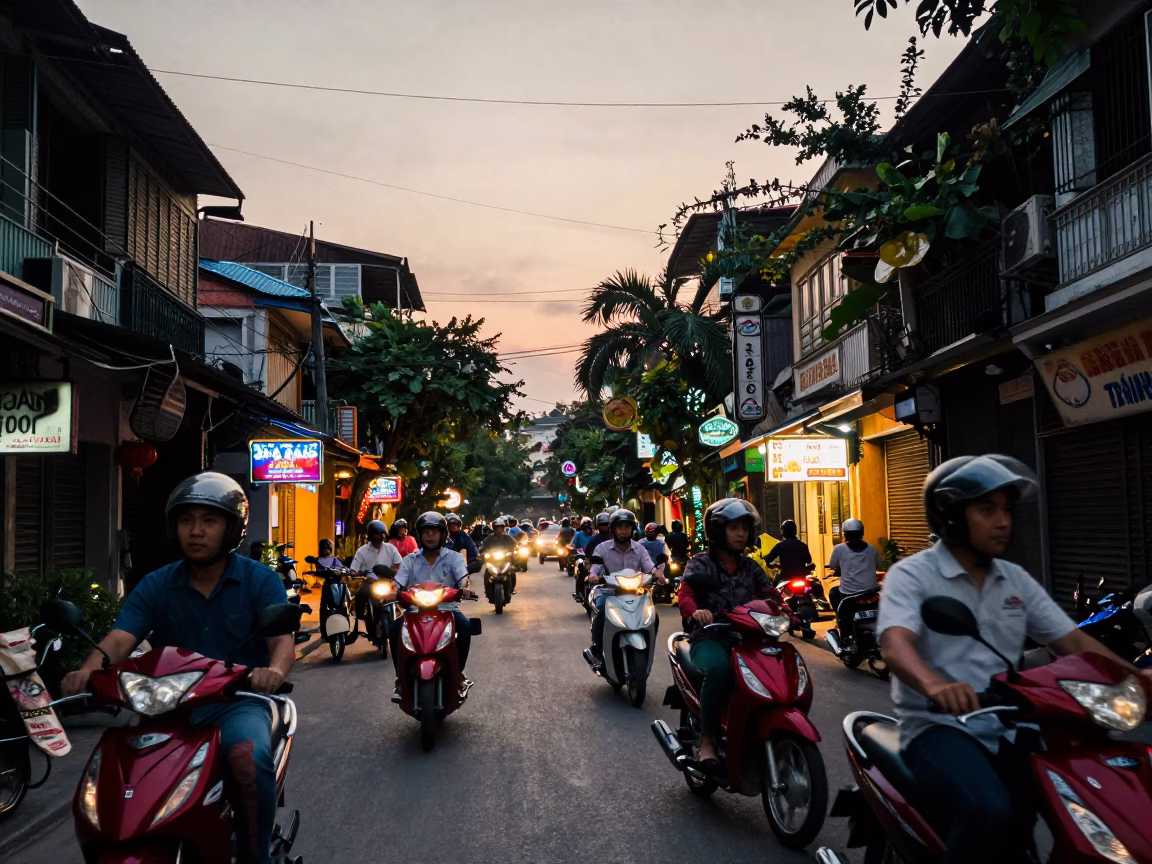 Hanoi Vietnam Early Evening Street Scene with Motorbikes and Local Commerce in in Hanoi, Vietnam