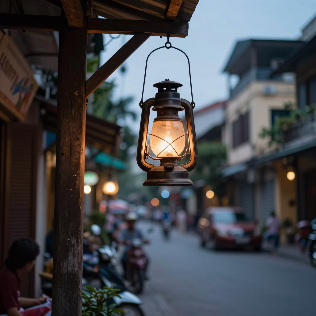 Hanoi Vietnam Early Evening Street Scene with Oil Lamp and Traditional Architecture in in Hanoi, Vietnam