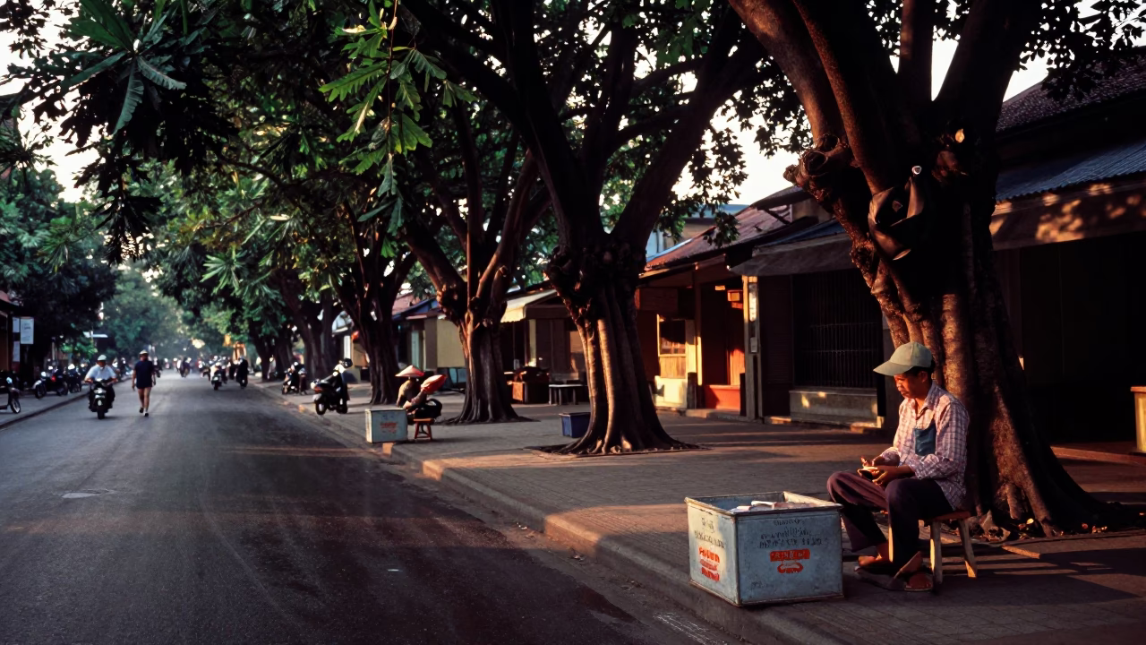 Hanoi Vietnam Early Evening Street Scene with Tin Box and Twine Fibers in in Hanoi, Vietnam
