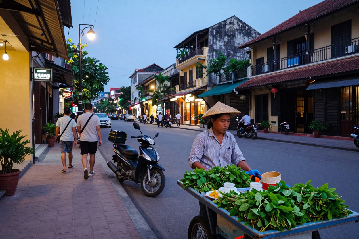 Hanoi Vietnam Early Evening Street Scene with Traditional Architecture and Local Life in in Hanoi, Vietnam